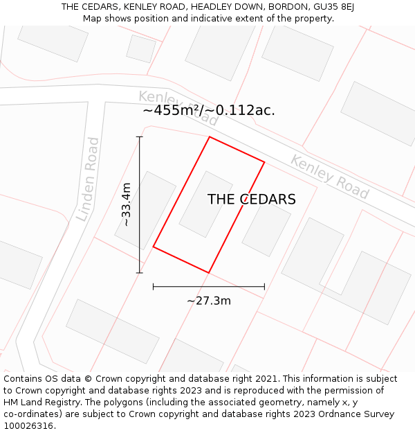 THE CEDARS, KENLEY ROAD, HEADLEY DOWN, BORDON, GU35 8EJ: Plot and title map