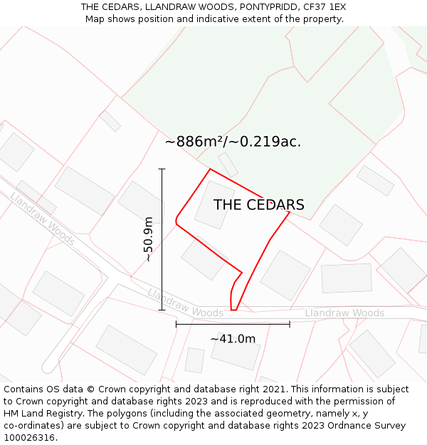 THE CEDARS, LLANDRAW WOODS, PONTYPRIDD, CF37 1EX: Plot and title map