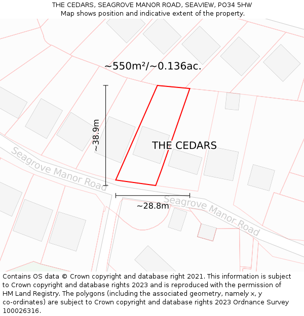 THE CEDARS, SEAGROVE MANOR ROAD, SEAVIEW, PO34 5HW: Plot and title map