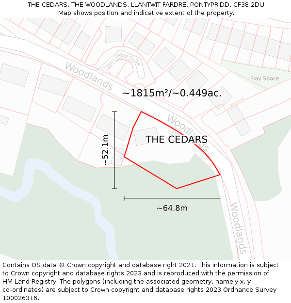 THE CEDARS, THE WOODLANDS, LLANTWIT FARDRE, PONTYPRIDD, CF38 2DU: Plot and title map