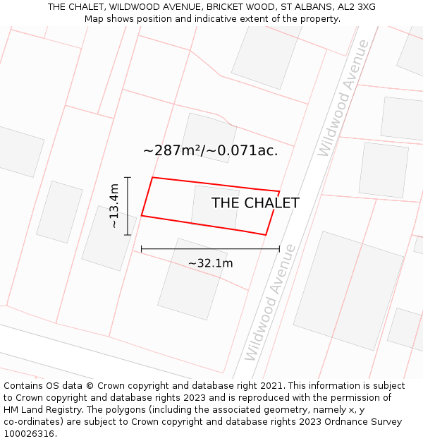 THE CHALET, WILDWOOD AVENUE, BRICKET WOOD, ST ALBANS, AL2 3XG: Plot and title map