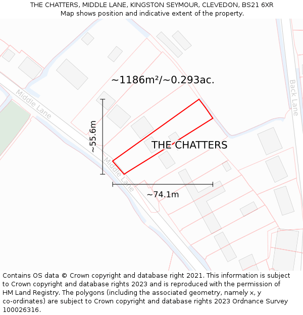 THE CHATTERS, MIDDLE LANE, KINGSTON SEYMOUR, CLEVEDON, BS21 6XR: Plot and title map
