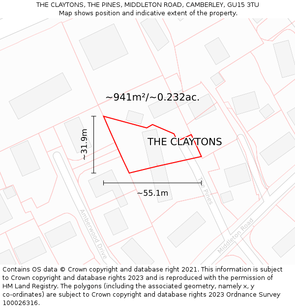 THE CLAYTONS, THE PINES, MIDDLETON ROAD, CAMBERLEY, GU15 3TU: Plot and title map