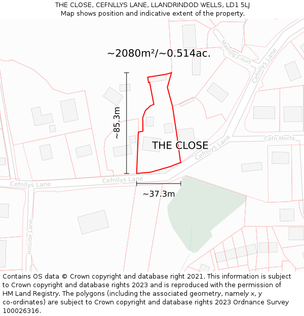 THE CLOSE, CEFNLLYS LANE, LLANDRINDOD WELLS, LD1 5LJ: Plot and title map