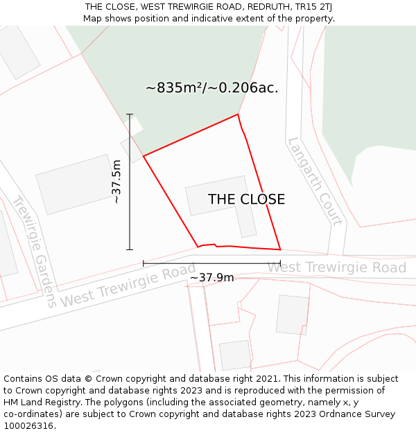 THE CLOSE, WEST TREWIRGIE ROAD, REDRUTH, TR15 2TJ: Plot and title map