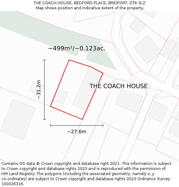 THE COACH HOUSE, BEDFORD PLACE, BRIDPORT, DT6 3LZ: Plot and title map