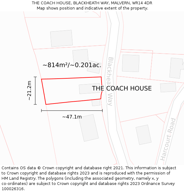 THE COACH HOUSE, BLACKHEATH WAY, MALVERN, WR14 4DR: Plot and title map