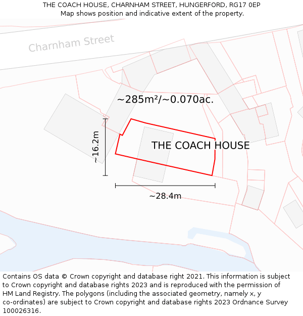 THE COACH HOUSE, CHARNHAM STREET, HUNGERFORD, RG17 0EP: Plot and title map