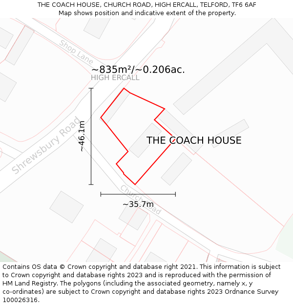 THE COACH HOUSE, CHURCH ROAD, HIGH ERCALL, TELFORD, TF6 6AF: Plot and title map