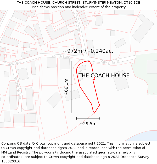 THE COACH HOUSE, CHURCH STREET, STURMINSTER NEWTON, DT10 1DB: Plot and title map