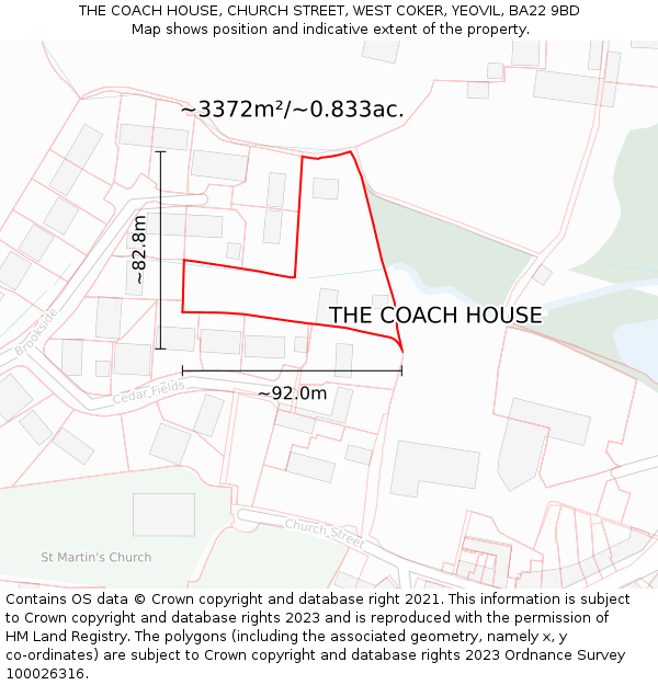 THE COACH HOUSE, CHURCH STREET, WEST COKER, YEOVIL, BA22 9BD: Plot and title map