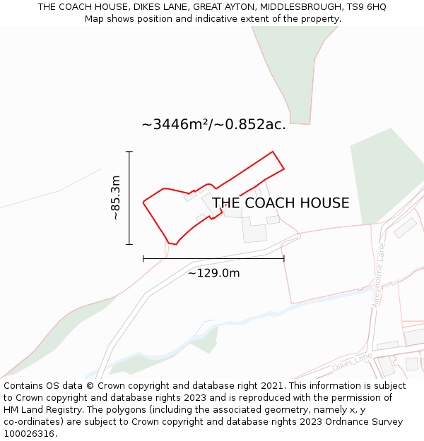 THE COACH HOUSE, DIKES LANE, GREAT AYTON, MIDDLESBROUGH, TS9 6HQ: Plot and title map