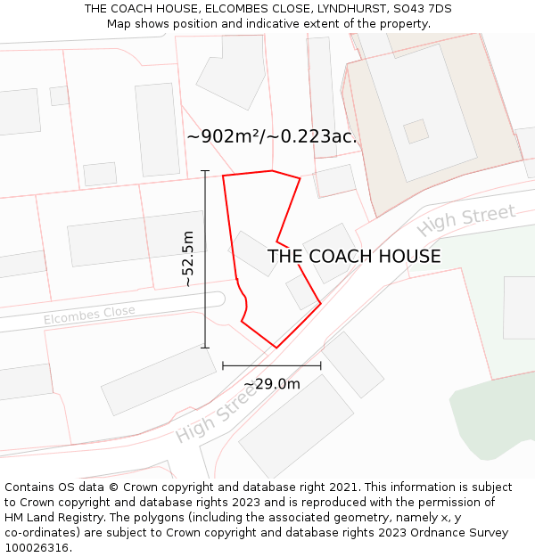 THE COACH HOUSE, ELCOMBES CLOSE, LYNDHURST, SO43 7DS: Plot and title map