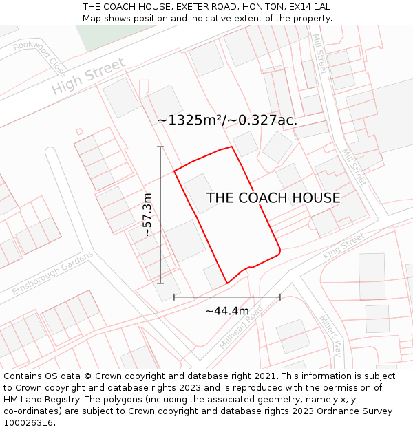 THE COACH HOUSE, EXETER ROAD, HONITON, EX14 1AL: Plot and title map