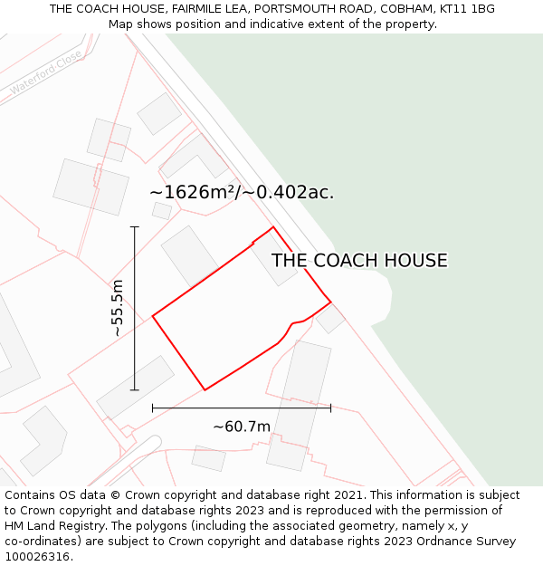 THE COACH HOUSE, FAIRMILE LEA, PORTSMOUTH ROAD, COBHAM, KT11 1BG: Plot and title map