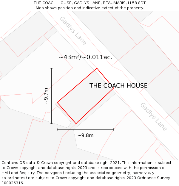 THE COACH HOUSE, GADLYS LANE, BEAUMARIS, LL58 8DT: Plot and title map