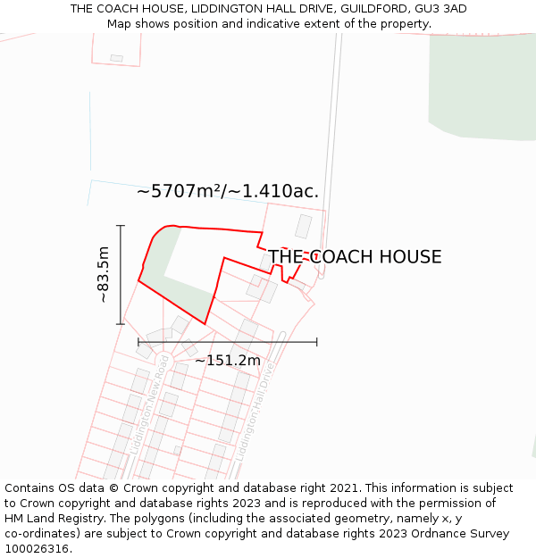 THE COACH HOUSE, LIDDINGTON HALL DRIVE, GUILDFORD, GU3 3AD: Plot and title map