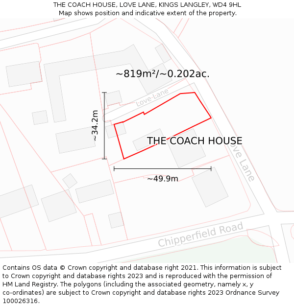 THE COACH HOUSE, LOVE LANE, KINGS LANGLEY, WD4 9HL: Plot and title map