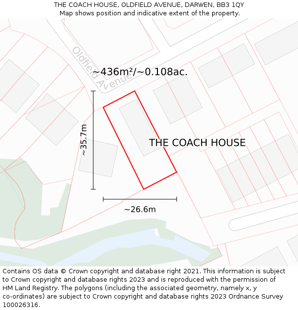 THE COACH HOUSE, OLDFIELD AVENUE, DARWEN, BB3 1QY: Plot and title map