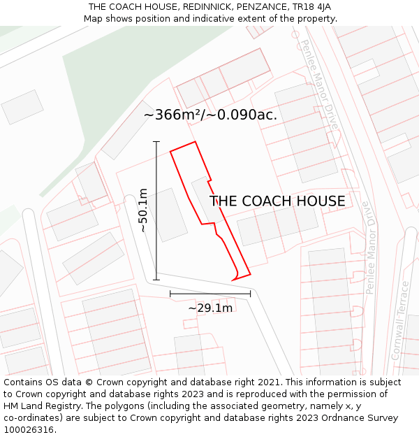 THE COACH HOUSE, REDINNICK, PENZANCE, TR18 4JA: Plot and title map