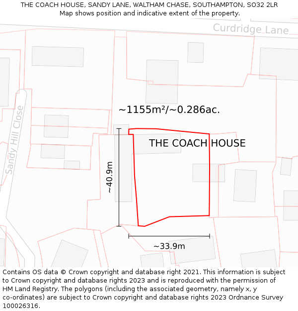 THE COACH HOUSE, SANDY LANE, WALTHAM CHASE, SOUTHAMPTON, SO32 2LR: Plot and title map