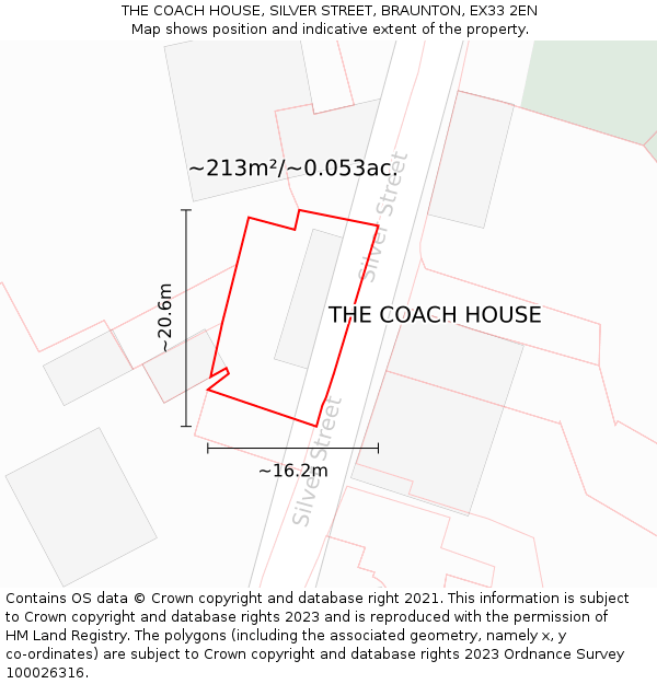THE COACH HOUSE, SILVER STREET, BRAUNTON, EX33 2EN: Plot and title map