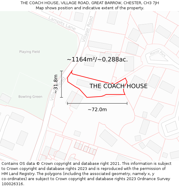 THE COACH HOUSE, VILLAGE ROAD, GREAT BARROW, CHESTER, CH3 7JH: Plot and title map