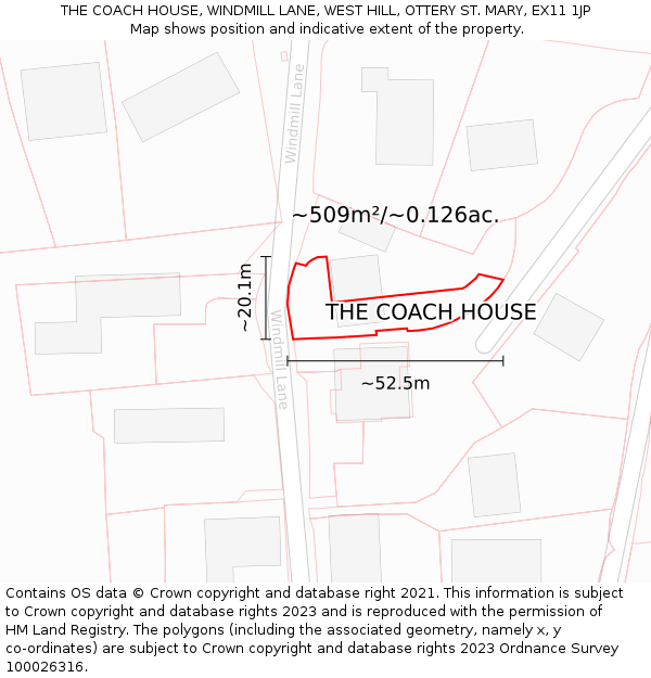 THE COACH HOUSE, WINDMILL LANE, WEST HILL, OTTERY ST. MARY, EX11 1JP: Plot and title map