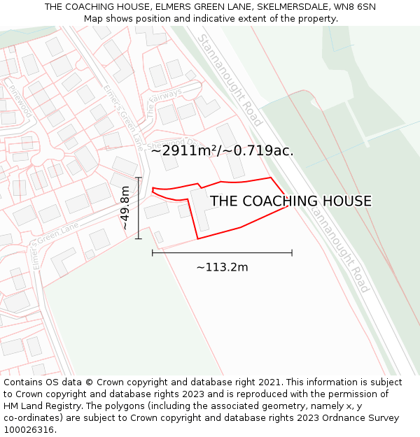 THE COACHING HOUSE, ELMERS GREEN LANE, SKELMERSDALE, WN8 6SN: Plot and title map
