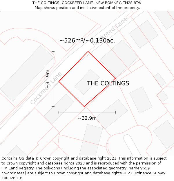 THE COLTINGS, COCKREED LANE, NEW ROMNEY, TN28 8TW: Plot and title map