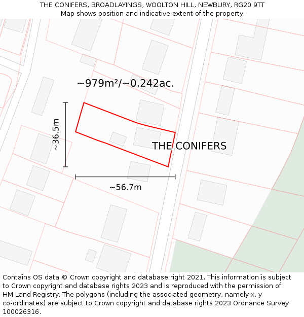 THE CONIFERS, BROADLAYINGS, WOOLTON HILL, NEWBURY, RG20 9TT: Plot and title map