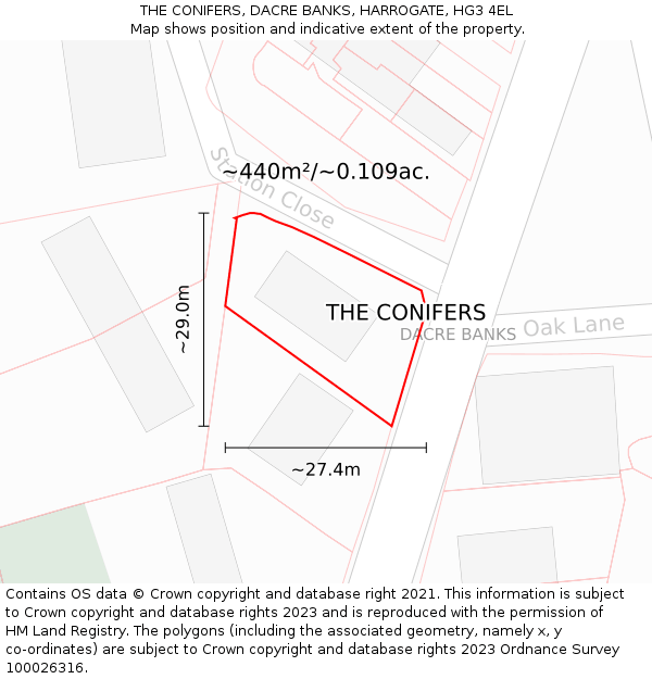 THE CONIFERS, DACRE BANKS, HARROGATE, HG3 4EL: Plot and title map