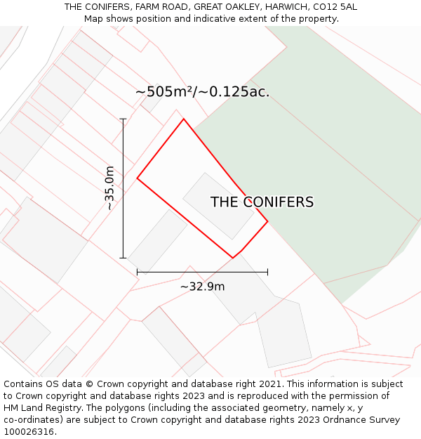 THE CONIFERS, FARM ROAD, GREAT OAKLEY, HARWICH, CO12 5AL: Plot and title map