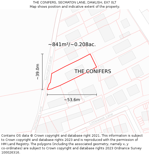 THE CONIFERS, SECMATON LANE, DAWLISH, EX7 0LT: Plot and title map