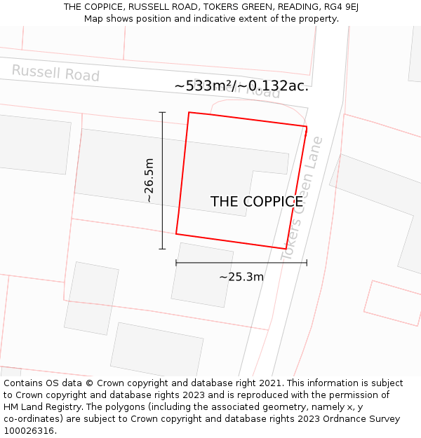 THE COPPICE, RUSSELL ROAD, TOKERS GREEN, READING, RG4 9EJ: Plot and title map