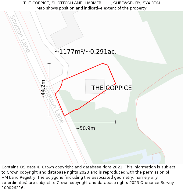 THE COPPICE, SHOTTON LANE, HARMER HILL, SHREWSBURY, SY4 3DN: Plot and title map