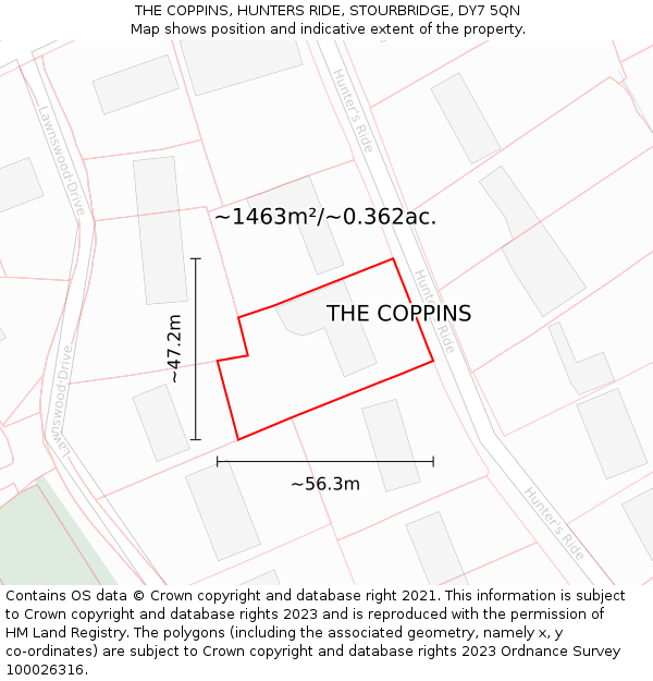 THE COPPINS, HUNTERS RIDE, STOURBRIDGE, DY7 5QN: Plot and title map