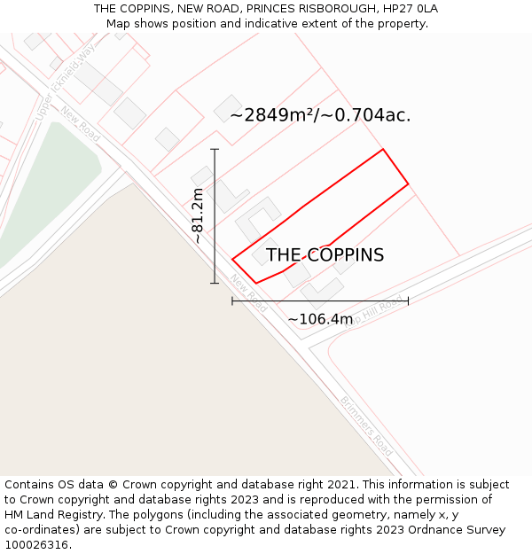 THE COPPINS, NEW ROAD, PRINCES RISBOROUGH, HP27 0LA: Plot and title map