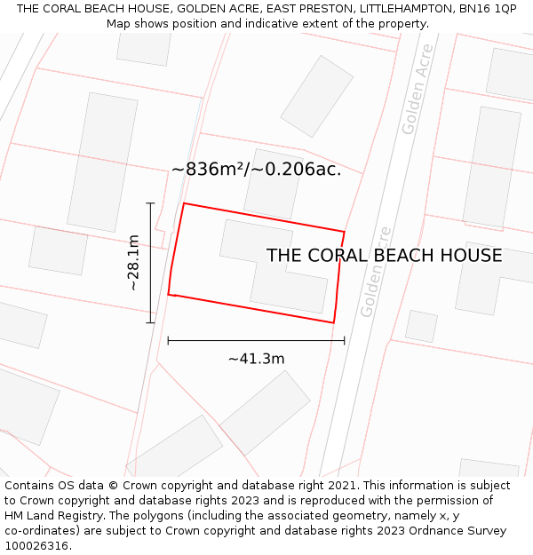 THE CORAL BEACH HOUSE, GOLDEN ACRE, EAST PRESTON, LITTLEHAMPTON, BN16 1QP: Plot and title map