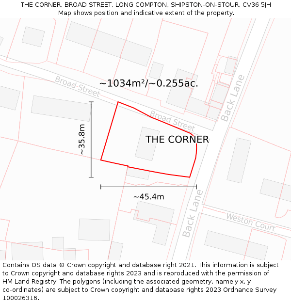 THE CORNER, BROAD STREET, LONG COMPTON, SHIPSTON-ON-STOUR, CV36 5JH: Plot and title map