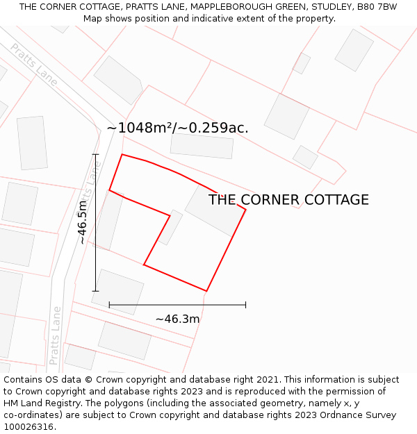 THE CORNER COTTAGE, PRATTS LANE, MAPPLEBOROUGH GREEN, STUDLEY, B80 7BW: Plot and title map