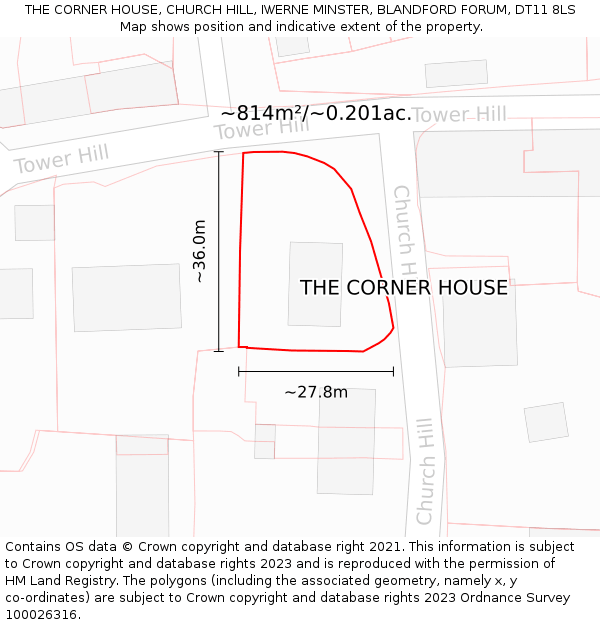 THE CORNER HOUSE, CHURCH HILL, IWERNE MINSTER, BLANDFORD FORUM, DT11 8LS: Plot and title map