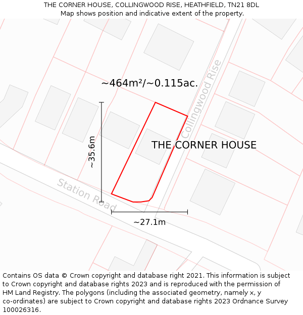 THE CORNER HOUSE, COLLINGWOOD RISE, HEATHFIELD, TN21 8DL: Plot and title map