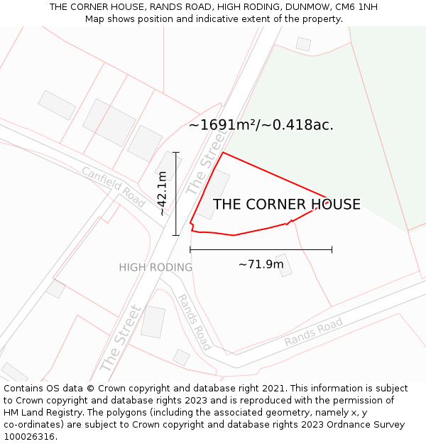 THE CORNER HOUSE, RANDS ROAD, HIGH RODING, DUNMOW, CM6 1NH: Plot and title map