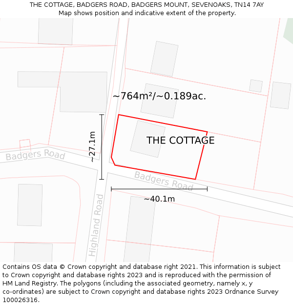 THE COTTAGE, BADGERS ROAD, BADGERS MOUNT, SEVENOAKS, TN14 7AY: Plot and title map