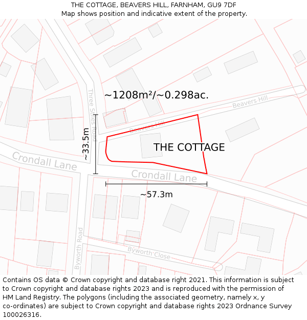 THE COTTAGE, BEAVERS HILL, FARNHAM, GU9 7DF: Plot and title map