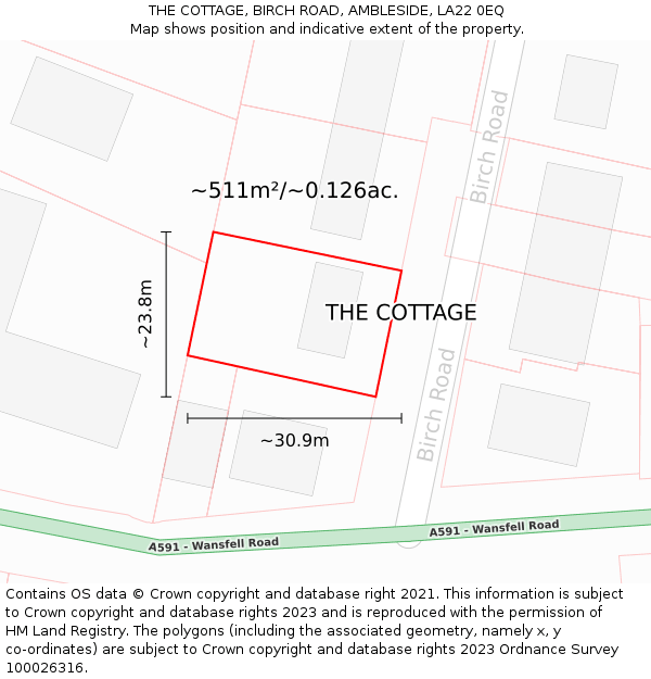 THE COTTAGE, BIRCH ROAD, AMBLESIDE, LA22 0EQ: Plot and title map