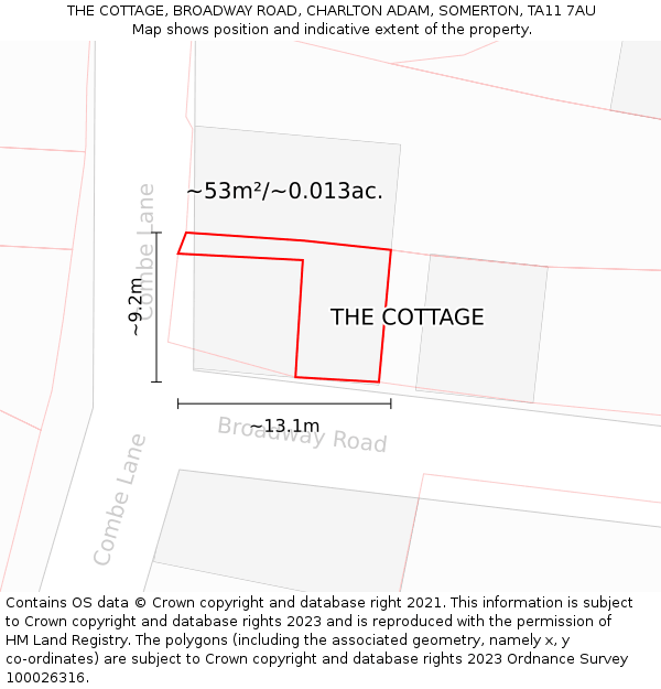 THE COTTAGE, BROADWAY ROAD, CHARLTON ADAM, SOMERTON, TA11 7AU: Plot and title map