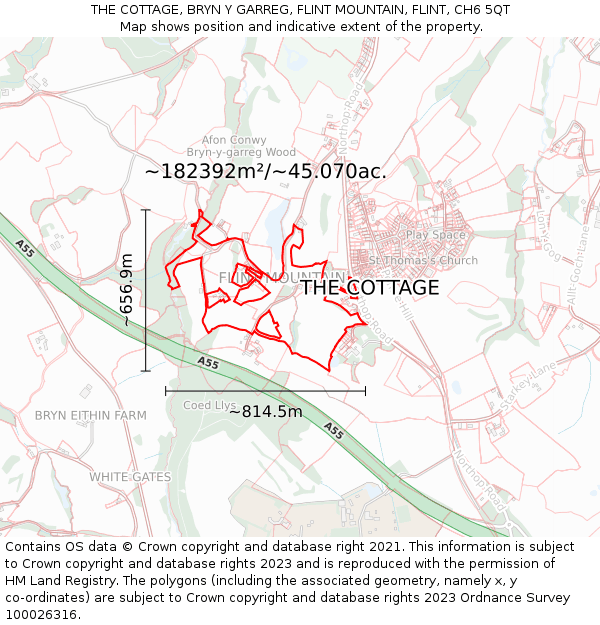 THE COTTAGE, BRYN Y GARREG, FLINT MOUNTAIN, FLINT, CH6 5QT: Plot and title map