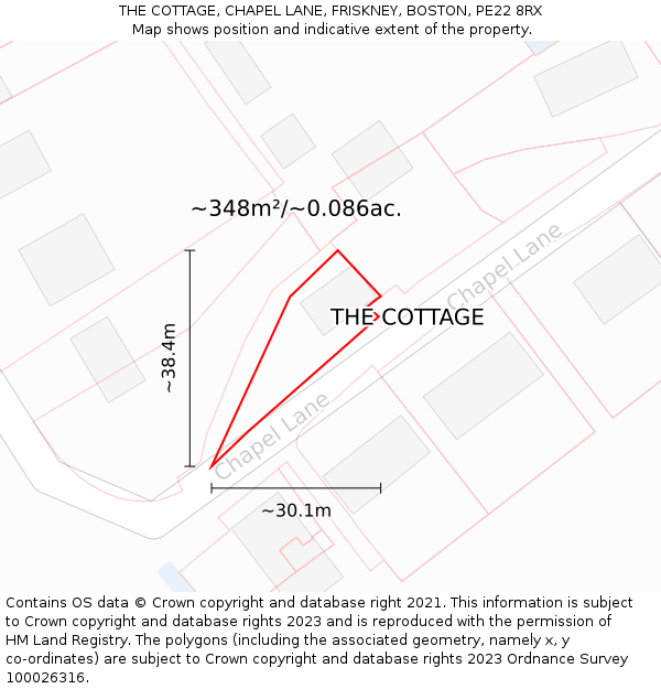 THE COTTAGE, CHAPEL LANE, FRISKNEY, BOSTON, PE22 8RX: Plot and title map